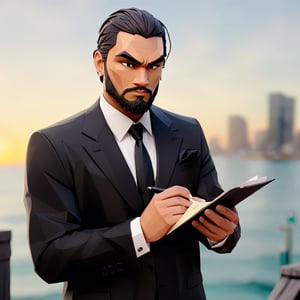 illustration of jason momoa as young manager wearing black manager suit, (flat face, write on a note), background on the pier, masterpiece, perfect anatomy, full body