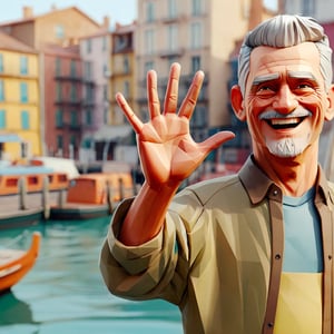 illustration of old man a fisherman docks his boat,background at fish pier, happy face, smile, (show five finger),  masterpiece, perfect anatomy, full body