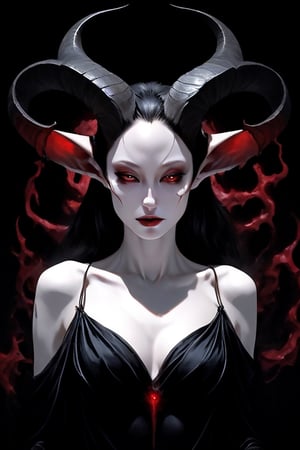 angelina jolie as female succubus, intracate horns on top of her head, pale skin, dark bright red eyes, full frontal, wearing long black dress, darkness surrounds her,bj_Devil_angel