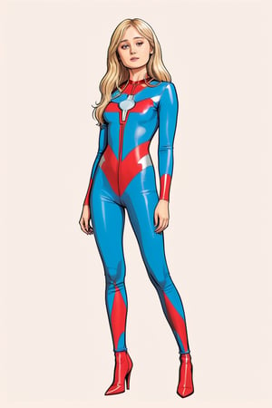 punk themed, ella purnel, full body, lust face, o mouth, slim body, wearing slim ultraman jumpsuit, long blonde hair,(in the combined style of Mœbius and french comics), (minimal vector:1.1), simple background,ella_purnell
