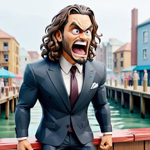 illustration of jason momoa as young manager wearing manager suit, (shock face), background on the pier, masterpiece, perfect anatomy, full body, PEOPShockedFace, shocked face, mouth open, eyes popping out