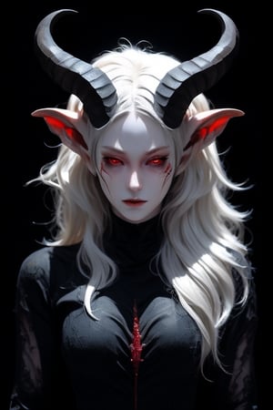 kristen steward as female succubus, intracate horns on top of her head, pale skin, dark bright red eyes, full frontal, wearing long black dress, darkness surrounds her,bj_Devil_angel