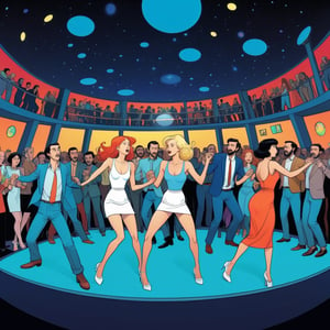 Night club, people dancing, Fish-eye lens, (in the combined style of Mœbius and french comics), (minimal vector:1.1), simple background,s4lma,