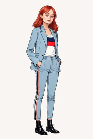 ella purnell wearing usa outfit , full body, slim body, random long red hairstyles, (photo model pose), (in the combined style of Mœbius and french comics), (minimal vector:1.1), simple background , ella_purnell
