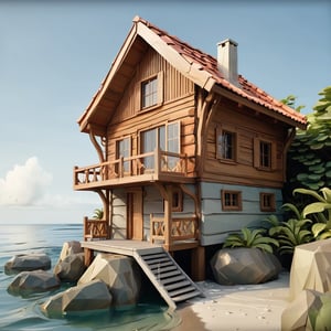illustration of small wooden house near sea, viewed from afar,  masterpiece, 