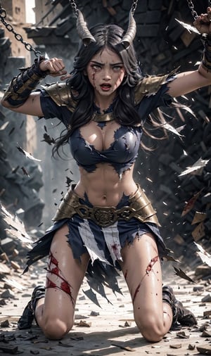 1girl, beautiful shedrn, horns, medium breast, armored dress, cleavage, glowing yellow eyes, white hair, braid, grey skin, facial mark, fantasy town outdoors, athletic, volumetric lighting, best quality, masterpiece, realistic,S4almamaulida,4rmorbre4k, torn clothes, broken armor, debris, injury, pained expression, shy, crying, tears, embarrassed, blus, torn nipple, torn navel, torn Pauldron, broken horn,torn clothes,(bloody), (blood on face:1.3), (blood on boobs:1.3),a lot of blood on her kimono and blood all over her body, threatening pose, kneeling pose, armpit, looking at viewer,Sexy, nsfw, nipple slip, pussy showing,blood,cloth pieces,torn,torn bodysuit ,tongue out ,torn bodysuit, ,chained_up,alessa