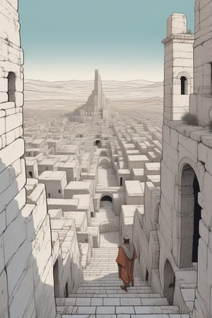 And the traveler arrived at a crumbling labyrinth of tall white limestone buildings amidst ancient Roman ruins in the desert,(in the combined style of Mœbius and french comics),(minimal vector:1.1),lookin up with perspective,fantasy,nostalgic,loneliness,old fashioned