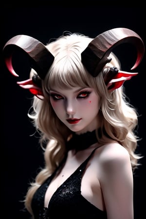 taylor swift as female succubus, intracate horns on top of her head, pale skin, dark bright red eyes, full frontal, wearing long black dress, darkness surrounds her,bj_Devil_angel