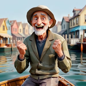 illustration of old man a fisherman docks his boat,background at fish pier, enthusiastic face, smile, hands up, holding his chin,  masterpiece, perfect anatomy, full body
