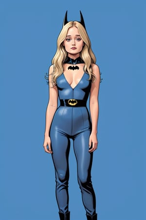 horror themed, ella purnel, full body, lust face, o mouth, slim body, wearing slim batman jumpsuit, long blonde hair,(in the combined style of Mœbius and french comics), (minimal vector:1.1), simple background,ella_purnell