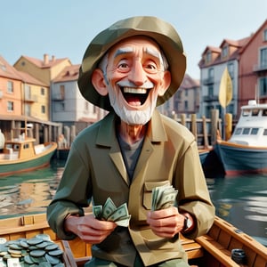 illustration of old man a fisherman docks his boat,background at fish pier, enthusiastic face, smile, holding stock and money,  masterpiece, perfect anatomy, full body