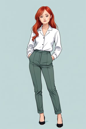ella purnell wearing teacher outfit , full body, slim body, random long red hairstyles, (photo model pose), (in the combined style of Mœbius and french comics), (minimal vector:1.1), simple background , ella_purnell