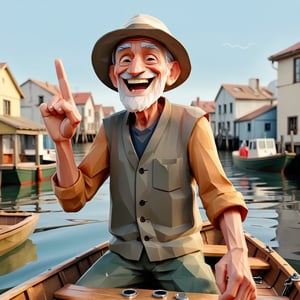 illustration of old man a fisherman docks his boat,background at fish pier, happy face, smile, (show five finger),  masterpiece, perfect anatomy, full body