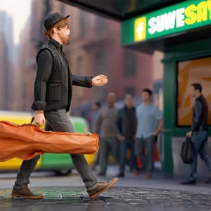 illustration of JOSHUA BELL wearing long black shirt, and black vest, grey denim jeans, hold a black bag, background at subway new york with crowd, masterpiece, perfect anatomy, full body, focus to JOSHUA BELL