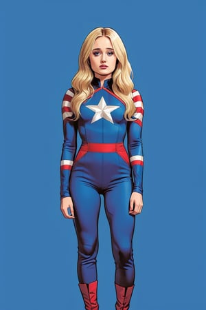 horror themed, ella purnel, full body, lust face, o mouth, slim body, wearing slim captain america jumpsuit, long blonde hair,(in the combined style of Mœbius and french comics), (minimal vector:1.1), simple background,ella_purnell