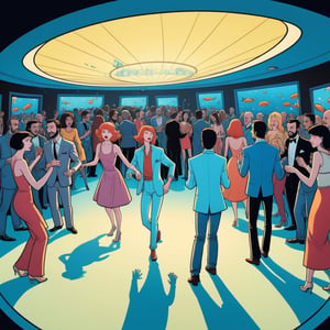Night club, people dancing, Fish-eye lens, (in the combined style of Mœbius and french comics), (minimal vector:1.1), simple background,s4lma,