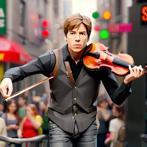 illustration of JOSHUA BELL wearing long black shirt, and black vest, grey denim jeans, wearing a violin bag on his back, (pointer up to the top), background at subway new york with crowd, masterpiece, perfect anatomy, full body, focus to JOSHUA BELL