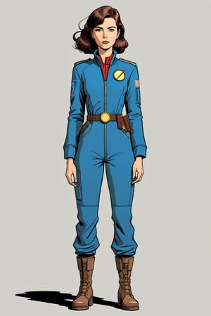 lucy mac,  woman, slim fallout vast jumpsuit, (in the combined style of Mœbius and french comics), (minimal vector:1.1), simple background, falloutcinematic