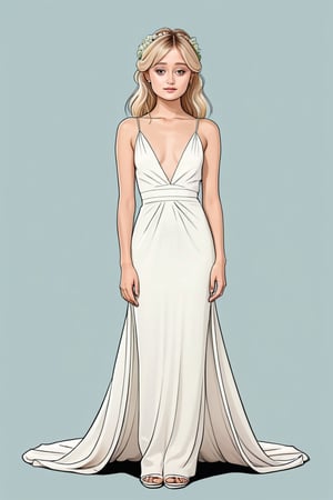 ella purnell wearing wedding outfit, full body, slim body, random long blonde hairstyles, (photo model pose), (in the combined style of Mœbius and french comics), (minimal vector:1.1), simple background , ella_purnell