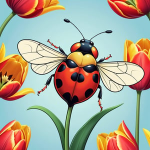 Photo of a ladybug-bee hybrid standing on a tulip, macro lens (in the combined style of Mœbius and french comics), (minimal vector:1.1), simple background,s4lma,