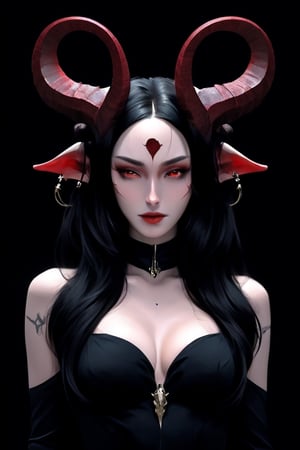megan fox as female succubus, intracate horns on top of her head, pale skin, dark bright red eyes, full frontal, wearing long black dress, darkness surrounds her,bj_Devil_angel