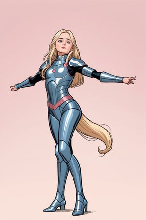 ella purnel, full body, lust face, blush,lips, make up, slim body, wearing iron armor, long blonde hair, random warrior pose, (in the combined style of Mœbius and french comics), (minimal vector:1.1), simple background,ella_purnell