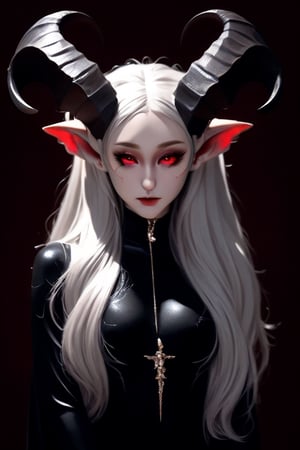 ariana grande as female succubus, intracate horns on top of her head, pale skin, dark bright red eyes, full frontal, wearing long black dress, darkness surrounds her,bj_Devil_angel