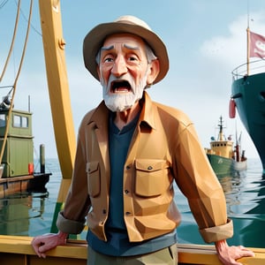 illustration of old man a fisherman standing at super big fishing vessel, sly face, laughed evilly,  masterpiece, perfect anatomy, looked from afar
