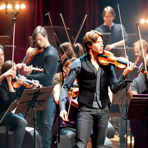 illustration of JOSHUA BELL wearing long black shirt, and black vest, grey denim jeans,  play 1 violin in boston theater, (in front of), masterpiece, perfect anatomy, full body, focus to JOSHUA BELL,