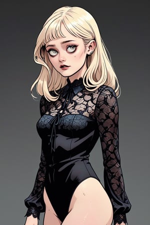 ella purnel as pale demon, black lace blouse, monster, creepy, full body, beatiful woman, slim body, random long blonde hairstyles, (related pose) , (in the combined style of Mœbius and french comics), (minimal vector:1.1), simple background,ella_purnell,monster
