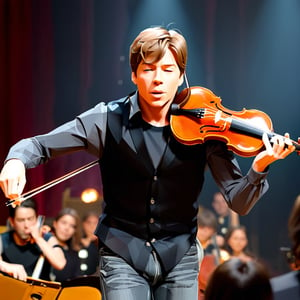 illustration of JOSHUA BELL wearing long black shirt, and black vest, grey denim jeans,  play 1 violin in boston theater, (in front of audience), masterpiece, perfect anatomy, full body, focus to JOSHUA BELL,