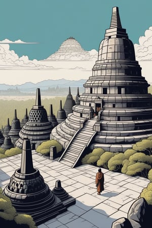 And the traveler arrived at borobudur white limestone buildings amidst ancient Roman ruins in the desert,(in the combined style of Mœbius and french comics),(minimal vector:1.1),lookin up with perspective,fantasy,nostalgic,loneliness,old fashioned