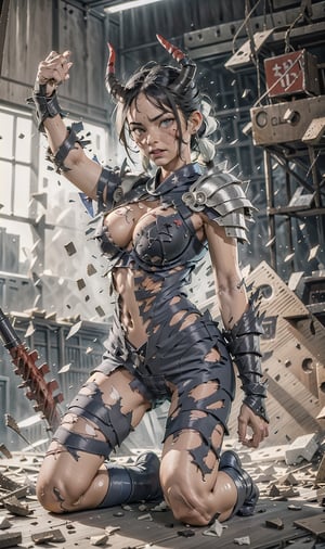 1girl, beautiful shedrn, horns, sagging breast, saggy boob, armored dress, cleavage, glowing yellow eyes, white hair, braid, grey skin, facial mark, fantasy town outdoors, athletic, volumetric lighting, best quality, masterpiece, realistic,S4almamaulida,4rmorbre4k, torn clothes, broken armor, debris, injury, pained expression, embarrassed, blus, torn nipple, torn navel, torn Pauldron, broken horn,torn clothes,(bloody), (blood on face:1.3), (blood on boobs:1.3),a lot of blood on her kimono and blood all over her body, threatening pose, kneeling pose, armpit, looking at viewer,Sexy, nsfw, nipple slip, pussy showing,blood,cloth pieces,torn,torn bodysuit ,tongue out , ,nindi