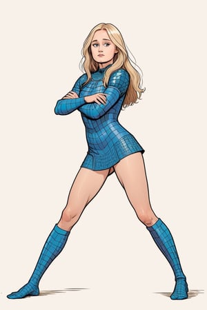 ella purnel, full body, beatiful woman, dirty face, slim body, wearing sexy hauberk or byrnie, long blonde hair, random warrior pose, (in the combined style of Mœbius and french comics), (minimal vector:1.1), simple background,ella_purnell