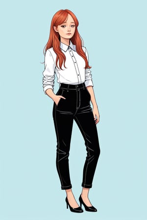 ella purnell wearing taxi outfit , full body, slim body, random long red hairstyles, (photo model pose), (in the combined style of Mœbius and french comics), (minimal vector:1.1), simple background , ella_purnell