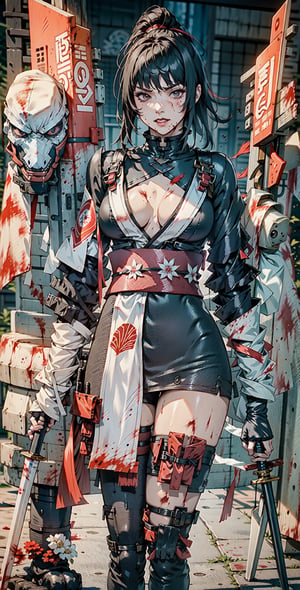 Realistic, (masterpiece 1.4), (Ultra HD quality), (8k HDR quality), 1girl, hitech armour, Hi-Tech web shooter, erotic look, dark background, large rounded breast , torn armor, dirty armor, ripped armor, broken armor, cracked armor, bloody armor, wounded face, bloody face, dirty face,  alluring pose, nipple erect, 

, shiranui_mai_suit,  dual wielding, knife,  fishnets,  thighhighs ,Gentiana