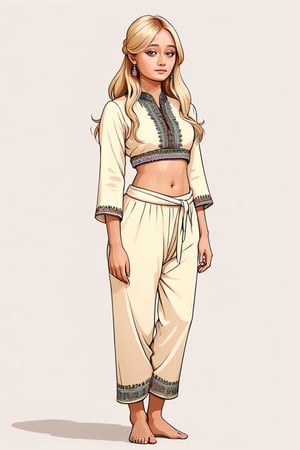 ella purnell wearing INDIAN OUTFIT, full body, slim body, random long blonde hairstyles, (related pose), (in the combined style of Mœbius and french comics), (minimal vector:1.1), simple background , ella_purnell