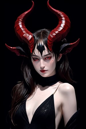 dakota johnson as female succubus, intracate horns on top of her head, pale skin, dark bright red eyes, full frontal, wearing long black dress, darkness surrounds her,bj_Devil_angel