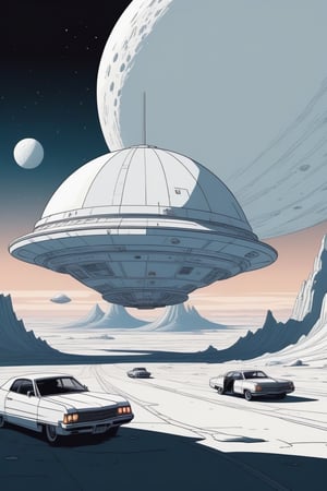 A pure white space base that stretches infinitely high,(in the combined style of Mœbius and pulp fiction illustration),(minimal vector:1.1),fantasy,nostalgic,loneliness,old fashioned