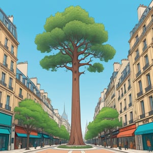 tall tree at the center of city, (in the combined style of Mœbius and french comics), (minimal vector:1.1), simple background,s4lma,
