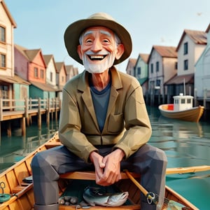illustration of old man a fisherman docks his boat,background at fish pier, happy face, smile,  masterpiece, perfect anatomy, full body