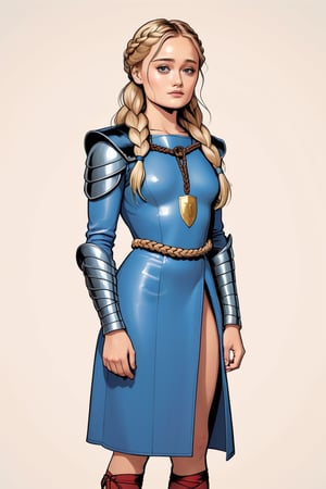 ella purnel, full body, beatiful woman, slim body, wearing mailchain, long blonde hair with braid, hold shield, (in the combined style of Mœbius and french comics), (minimal vector:1.1), simple background,ella_purnell