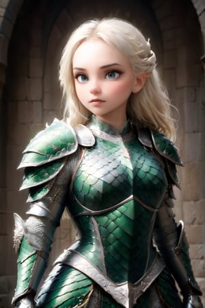 European style, fantasy, solo, brave girl, wearing dragon armor, white blonde long hair, faithing,looking at viewer, ruins,(upper body image:1.5) , (masterpiece), (best quality), (ultra-detailed), (an extremely delicate and beautiful), ((textile shading)), (caustics), (((sharp focus))),dragon armor,more detail XL,disney pixar style