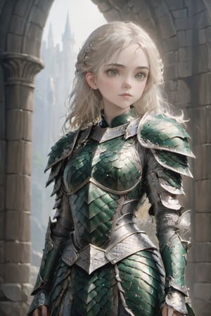 European style, fantasy, solo, brave girl, wearing dragon armor, white blonde long hair, faithing,looking at viewer, ruins,(cowboy shot:1.5) , (masterpiece), (best quality), (ultra-detailed), (an extremely delicate and beautiful), ((textile shading)), (caustics), (((sharp focus))),dragon armor,,disney pixar style,