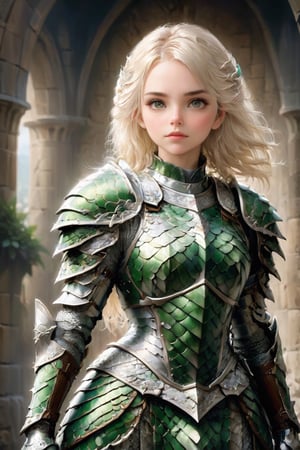 European style, fantasy, solo, brave girl, wearing dragon armor, white blonde long hair, faithing,looking at viewer, ruins,(cowboy shot:1.5) , (masterpiece), (best quality), (ultra-detailed), (an extremely delicate and beautiful), ((textile shading)), (caustics), (((sharp focus))),dragon armor,,disney pixar style,more detail XL