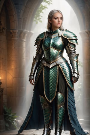 epic composition, cinematic lighting, masterpiece, a medieval girl knight, preparing for a fight, wearing hooded robe,wearing intrincate dragon armor with elaborated golden ornaments, dynamic action pose, frontal shot, medieval war background, full body portrait, dim volumetric lighting, 8k octane beautifully detailed render, extremely hyper-detailed, intricate, stunning Detailed matte painting, deep color, fantastical, intricate detail, complementary colors, fantasy concept art, 8k resolution trending on Artstation Unreal Engine 5, bioluminescent, holographic, Volumetric light, rays, blue tones, zdyna_pose,dragon armor