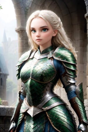 European style, fantasy, solo, brave girl, wearing dragon armor, white blonde long hair, faithing,looking at viewer, ruins,(cowboy shot:1.5) , (masterpiece), (best quality), (ultra-detailed), (an extremely delicate and beautiful), ((textile shading)), (caustics), (((sharp focus))),dragon armor,,disney pixar style,more detail XL