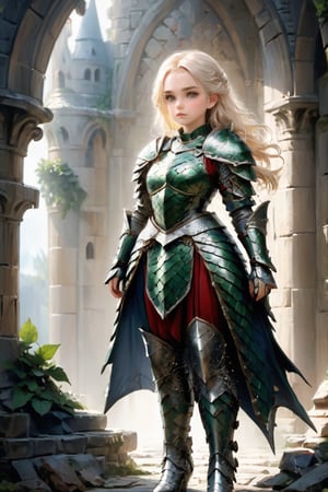 European style, fantasy, solo, brave girl, wearing dragon armor, white blonde long hair, faithing,looking at viewer, ruins,(full body shot:1.5) , (masterpiece), (best quality), (ultra-detailed), (an extremely delicate and beautiful), ((textile shading)), (caustics), (((sharp focus))),dragon armor,,disney pixar style,more detail XL
