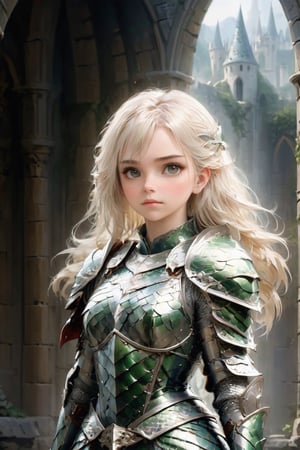 European style, fantasy, solo, brave girl, wearing dragon armor, white blonde long hair, faithing,looking at viewer, ruins,(upper body shot:1.5) , (masterpiece), (best quality), (ultra-detailed), (an extremely delicate and beautiful), ((textile shading)), (caustics), (((sharp focus))),dragon armor,,disney pixar style,more detail XL