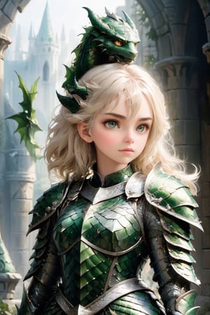 European style, fantasy, solo, brave girl, wearing dragon armor, white blonde long hair, faithing,looking at viewer, ruins,(upper body shot:1.5) , (masterpiece), (best quality), (ultra-detailed), (an extremely delicate and beautiful), ((textile shading)), (caustics), (((sharp focus))),dragon armor,,disney pixar style,more detail XL